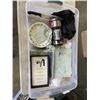 Image 1 : 2 TOTES OF HOUSE HOLD ITEMS - FLOATING SHELF, AS NEW PAN, ETC