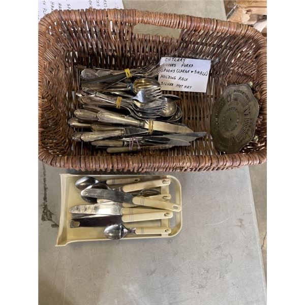 BASKET OF ASSORTED ANTIQUE CUTLERY, INCLDUING SOME SILVER