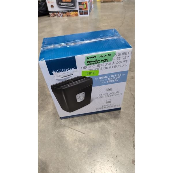 INSIGNIA 6 SHEET CROSS CUT SHREDDER - TESTED WORKING HAVE TO MANUALLY SHUT OFF
