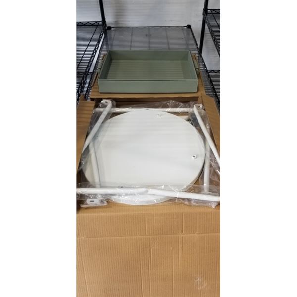 NEW WHITE ROUND SIDE TABLE AND HANDMADE LEATHER TRAY