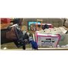 Image 1 : BOX OF HOUSEHOLD ITEMS, INCLUDING LIGHT, SHELF, ETC AND BAGS, ROLLING COOLER BAG ETC