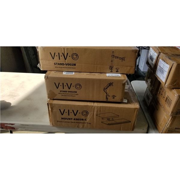 2 VIVO MECHANICAL SINGLE ARM DESK MOUNTS, 2 VIVO SINGLE MONITOR DESK MOUNTS AND KEYBOARD TRAY