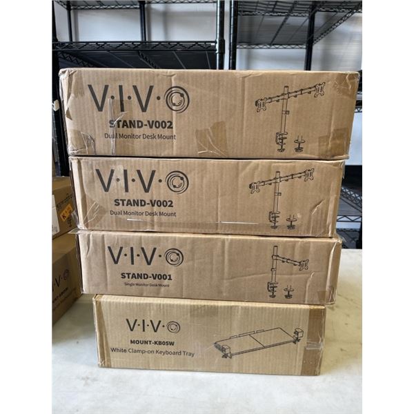 2 VIVO DUAL MONITOR DESK MOUNTS, SINGLE MONITOR DESK MOUNT, AND KEYBAORD TRAY
