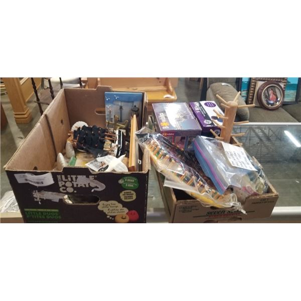 2 BOXES OF COLECTIBLES - BOW MAKER, BUTTONS,  THREAD TREE, ETC
