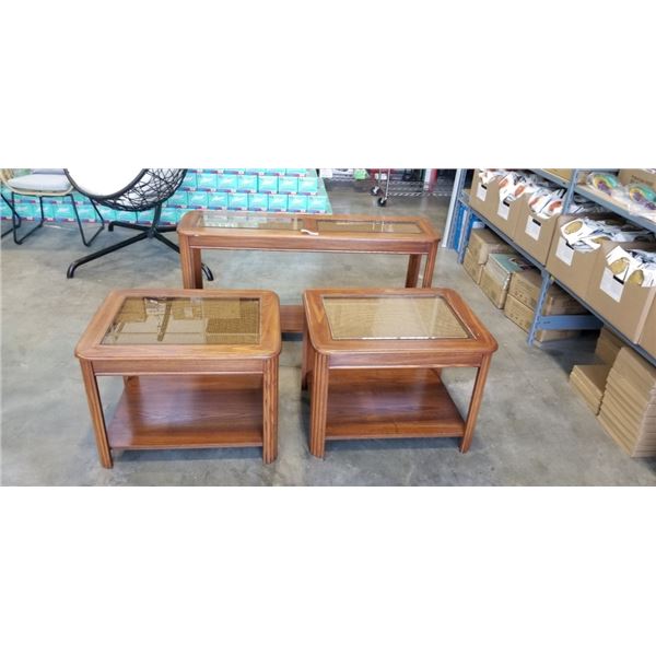 2 GLASS TOP ENDTABLES AND SOFA TABLE