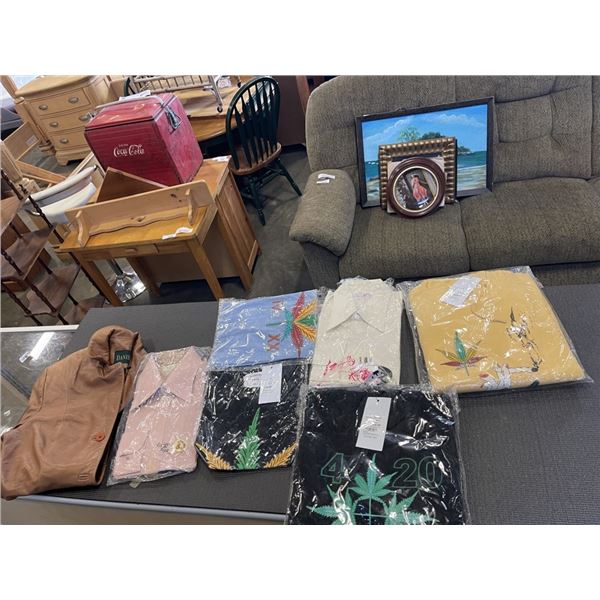 SIZE LARGE DANIER LEATHER JACKET, AND NEW CLOTHING, HOODIES, SHIRTS ETC