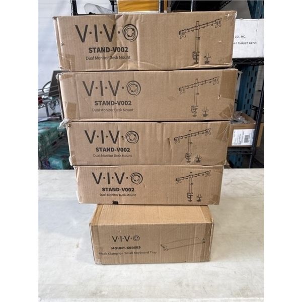 4 VIVO DUAL MONITOR DESK MOUNTS, AND VIVO KEYBOARD TRAY