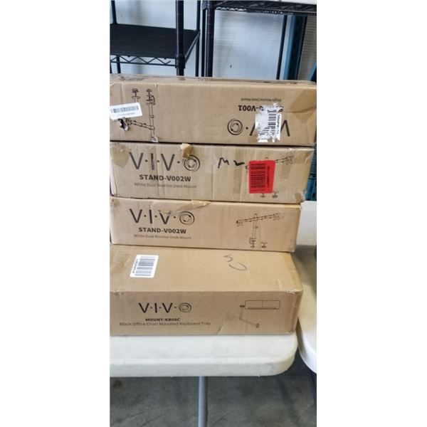 2 VIVO DUAL MONITOR DESK MOUNTS, SINGLE MONITOR DESK MOUNT, AND KEYBAORD TRAY