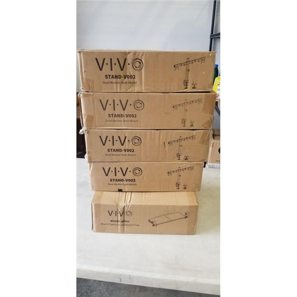 4 VIVO DUAL MONITOR DESK MOUNTS, AND VIVO KEYBOARD TRAY