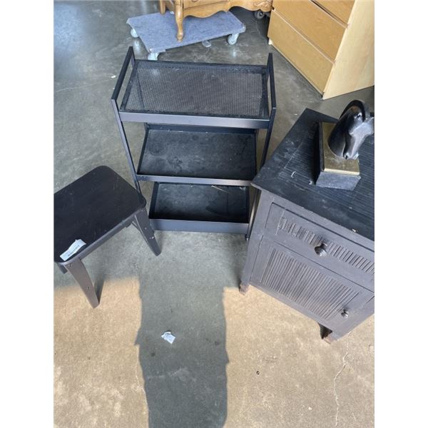 BLACK ROLLING CART, SIDE TABLE, AND STOOL