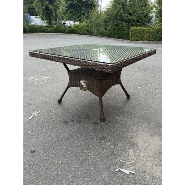 NEW RATANA 48 X 48 DARK BROWN OUTDOOR PATIO TABLE WITH TEMPERED GLASS TOP, RETAIL $599 USD 2 BOX LOT