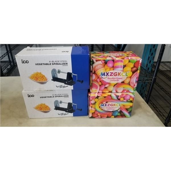 2 ICO VEGETABLE SPIRALIZERS AND 2 CASES OF NEW RAINBOW FLOWER LOLLIPOPS