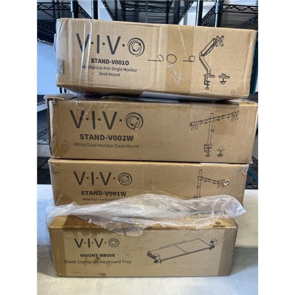 VIVO DOUBLE MONITOR DESK MOUNT, KEYBOARD TRAY AND  SINGLE MONITOR DESK MOUNT, AND SINGLE MONITOR ADJ