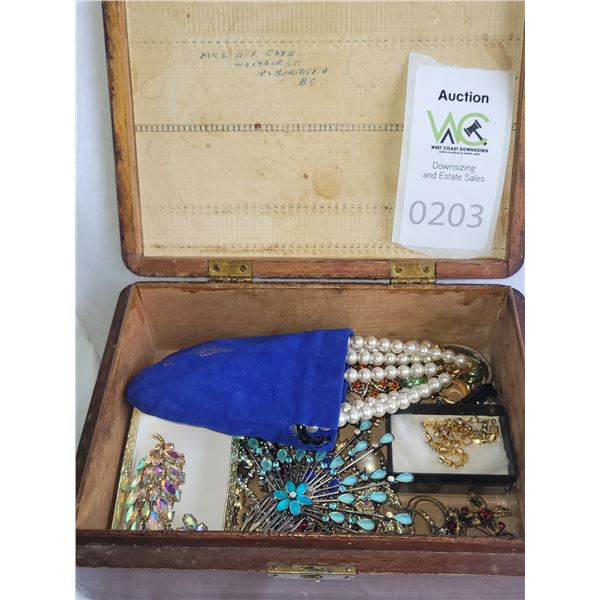 Vintage Wood Box w Costume Jewelry A