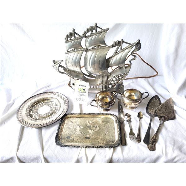 Vintage Pewter Sail Boat Lamp & Silver Plate  A