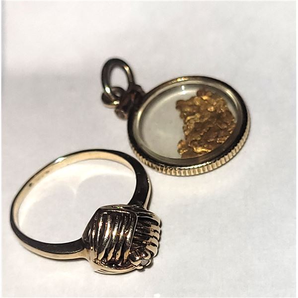 14 K Gold Ring & Pendant With Gold Flakes A
