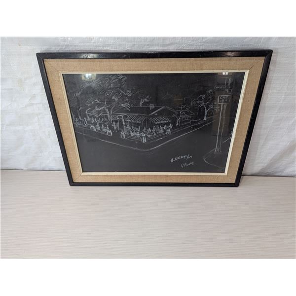 VINTAGE Chalk drawing "The Village"  1963