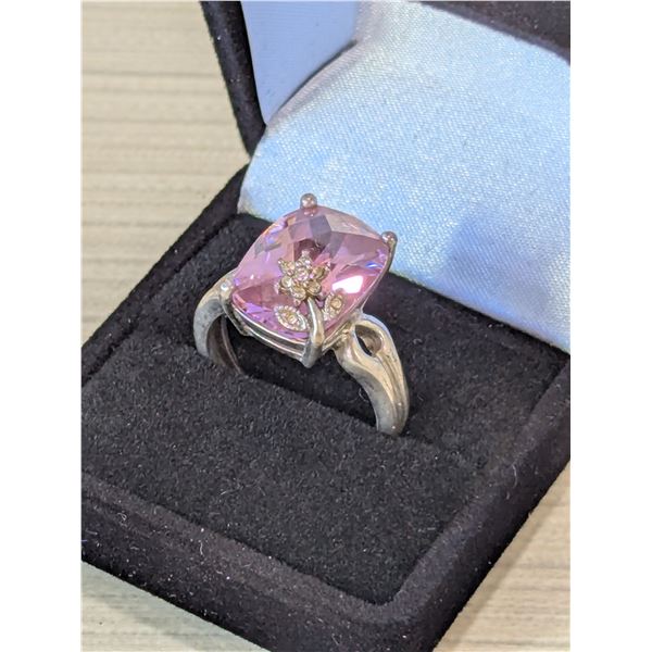Silver Pink CZ PINK Solitaire Cushion Cocktail Ring