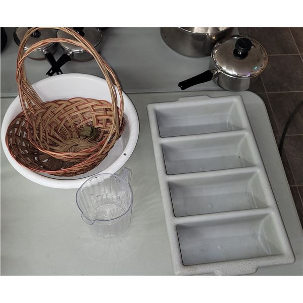 Lot of Mixed Restaurant Accessories - Cutlery Bin, Water Jug, Wicker Baskets, Lg Bowl