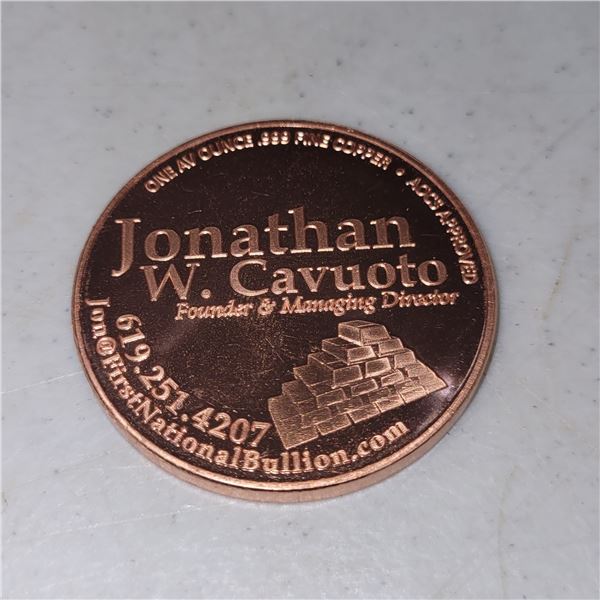 1 Ounce Pure Copper Coin - Jonathan W, Cavuoto  - No GST
