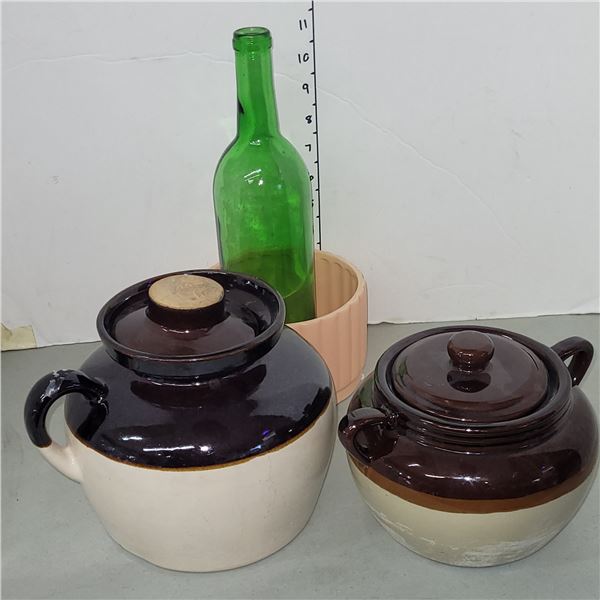 Lot of 2 Vintage Crock Bean Pots, Green Glass Bottle, Terracotta Planter