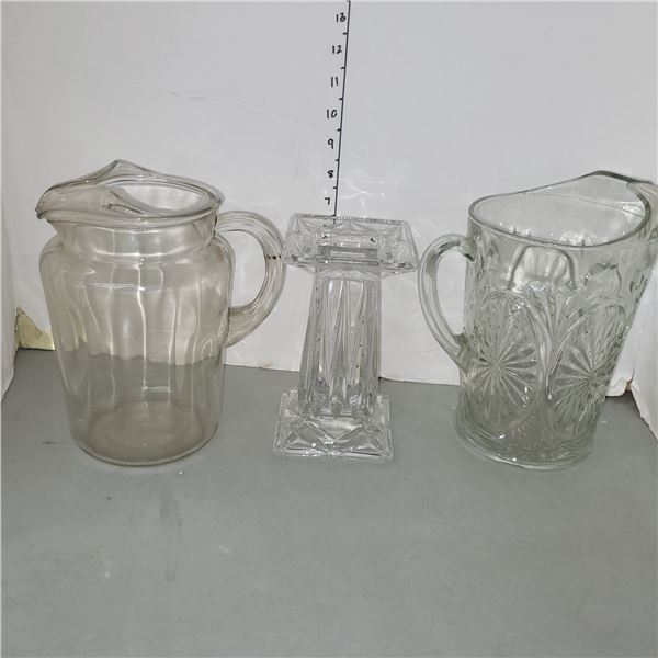 Vtg Party Lite Quad Prism Crystal Canadle Holder, Depression Glass Jug, Vtg Glass Jug