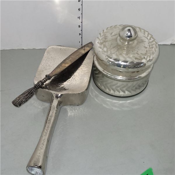 Silver Glass Lidded Candy Dish, Ceramic Decor with Unique Silverplate Spread Knife