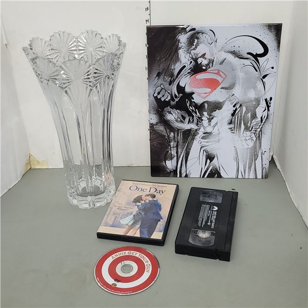 Mixed Lot - Cyrstal Glass Vase, Superman Tin Sign +