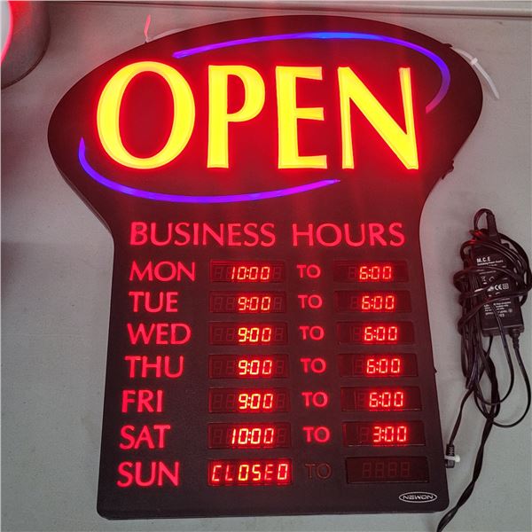 Lighted Open Sign with Business Hours - Static or Flashing Open