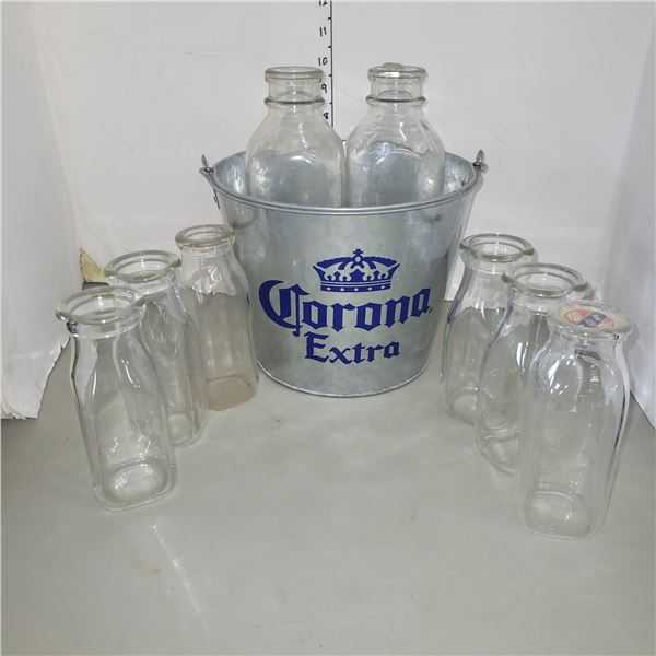Corona Beer Bucket with 8 Half Pint Milk Bottltes