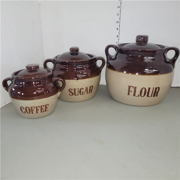 3 Piece Stoneware Canister Set - Coffee, Sugar, Flour