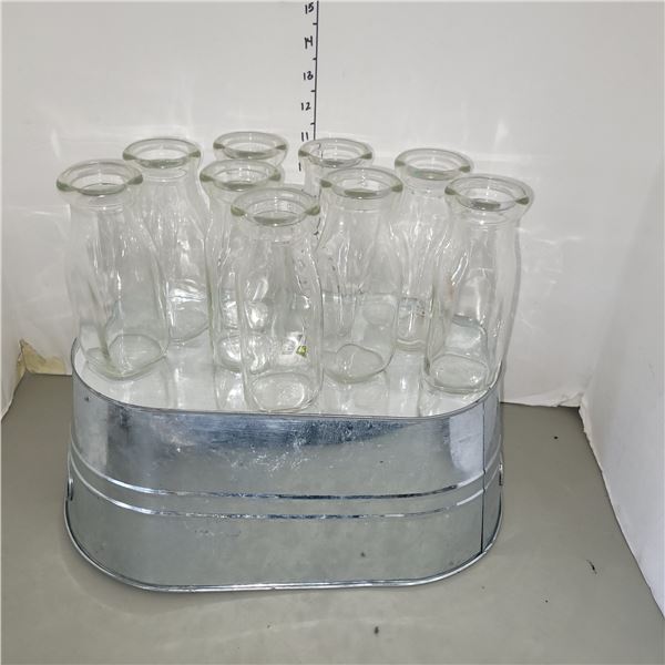 Galvanized Condiment Bucket with 9 Half Pint Milk Bottles