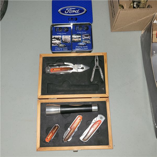 6 Piece Sheffield Utility Set in Wooden Box & Set of 2 Ford Playing Cards in Tin