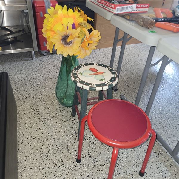 Set of 2 Stools and Large Aqua Colour Glass Vase w/ Faux Flowers