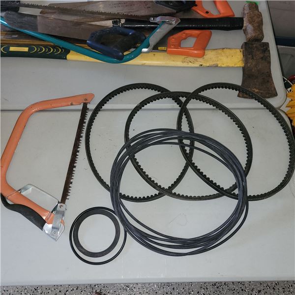 Lot of Various Belts & O-Rings and a Hacksaw
