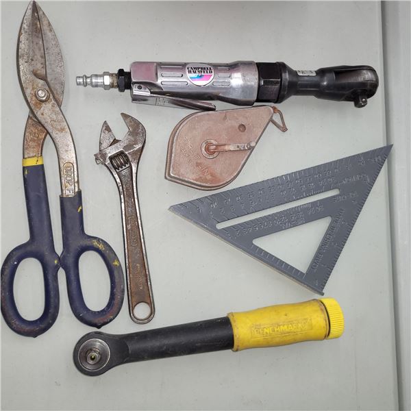 Lot of Various Tools - Snips, Adjustable Wrench, 3/8" Air Ratchet, Benchmark Ratchet + +