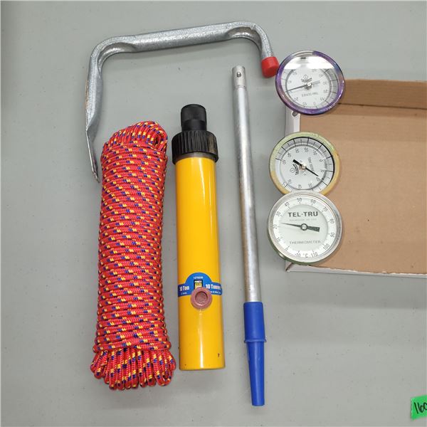 New Red Rope, 10 Ton Hydraulic Pump, 3 Commercial Thermomoeters, Hook