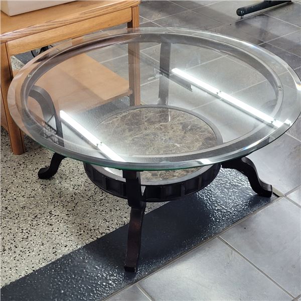 Round Glass and Wooden Coffee Table - Beveled Glass