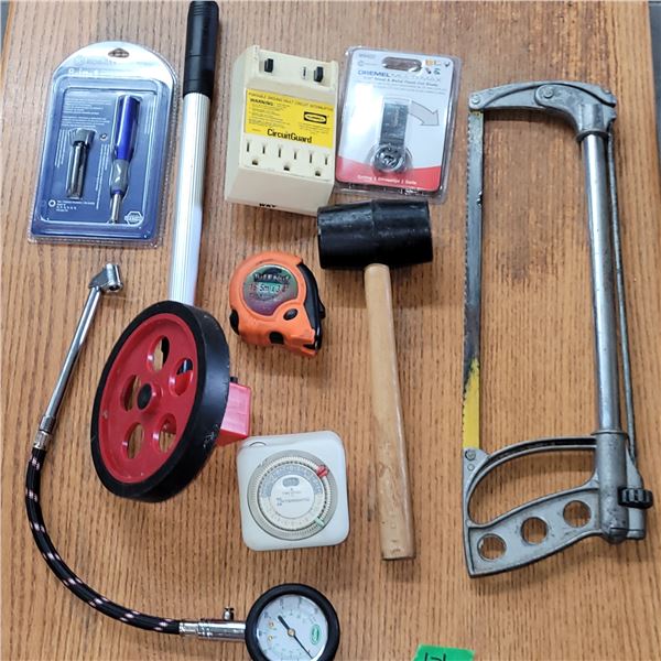 Misc Tool Lot - Hacksaw, Air Pressure Tool, Dremel Multi Max Blade, Mallet +++