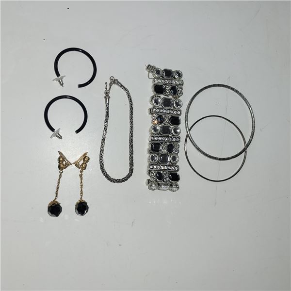 925 Silver Bracelet, Pierced Earrings, 1940's Clip On Earrings, 2 Bangles, Stretchy Bracelet