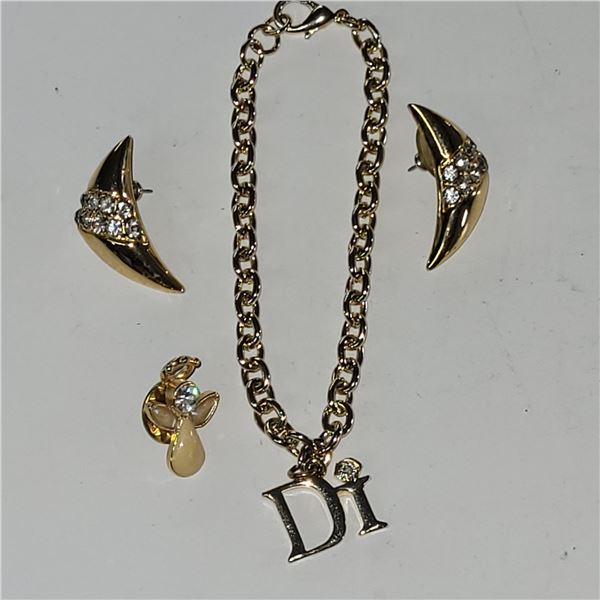 Lot of Goldtone Jewellery - Di Bracelet, Pierced Earrings, Angel Pin