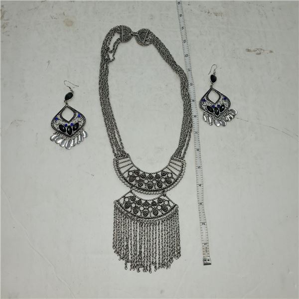 Statement 5 Strand Dangle Tassle Necklace with Pair of Earrings