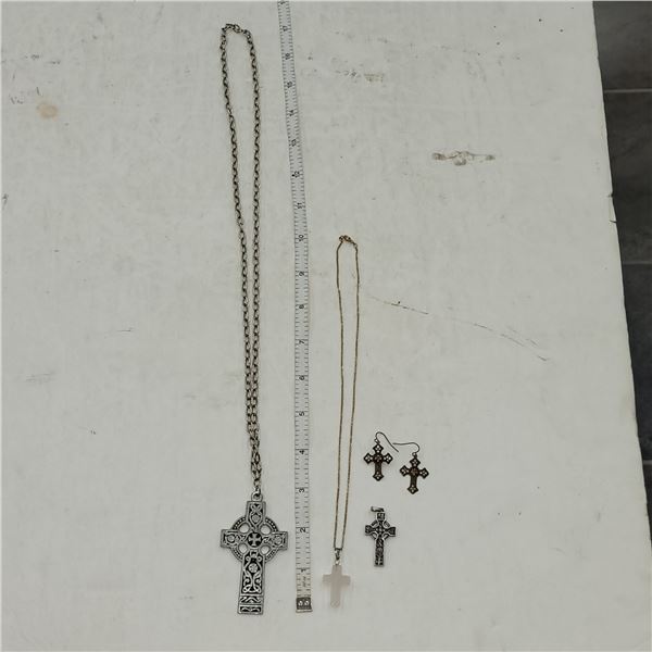 2 Necklaces, 3 Cross Pendants (1 is Rose Quartz), Dangle Cross Earrings