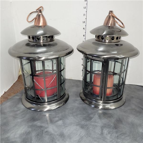 Lot of 2 Outdoor Brushed Chrome & Copper Accent Candle Lighting