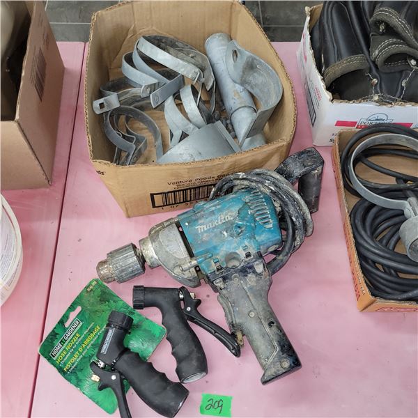 Makita 1/2 Inch Power Drill, 2 Garden Nozzles, Box of Fencing Brakcets Etc