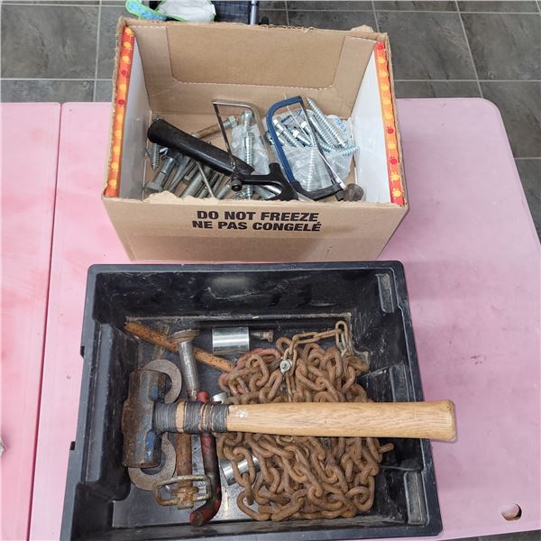Tow Chain, Sledge Hammer, 2 Hacksaws, Hammer, Lag Bolts, Lag Screws +