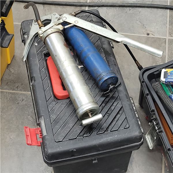 Black Tool Box w/ Contents & 2 Grease Guns