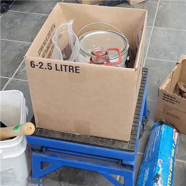 Motorcycle Hydraulic Lift + Gallon Rust Paint, Vtg Milk Bottle +