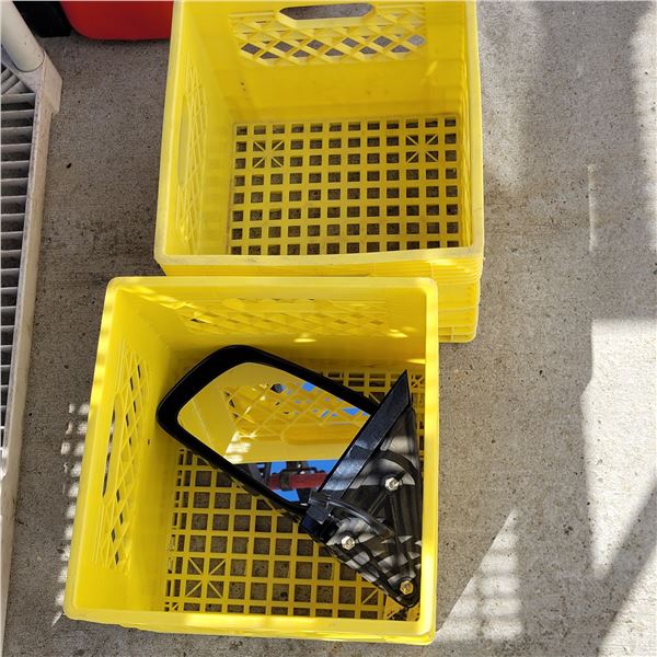 Lot of 2 Yellow Milk Crates & Drivers Sideview Mirror
