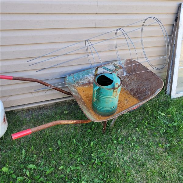 Wheelbarrow, Rustic Watering Can & 2 New Tomato Plant Supports